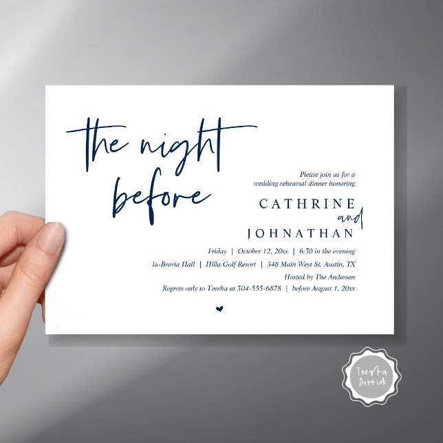 Convites Na noite anterior, Janto de ensaio de casamento (The night before, Wedding Rehearsal Dinner Invitation Card, PDF, in Navy Blue)