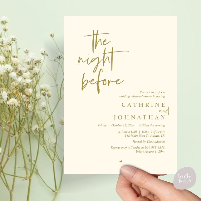 Convites Na noite anterior, Janto de ensaio de casamento (The night before, Modern Wedding Rehearsal Dinner Invitation Card, PDF, in yellow gold)