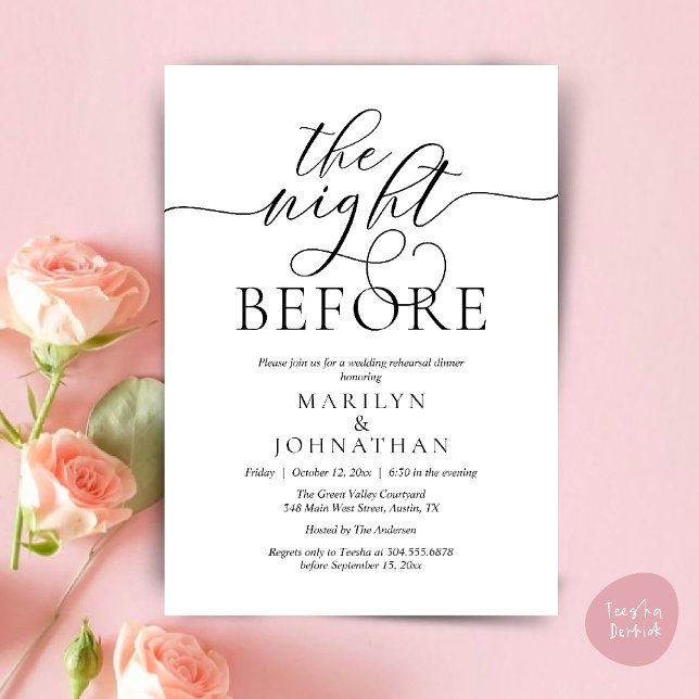 Convites Na Noite Anterior, Janto de Ensaio de Casamento Cl (The Night Before, Classy Romantic Wedding Rehearsal Dinner Party Invitation Card PDF in Black White)