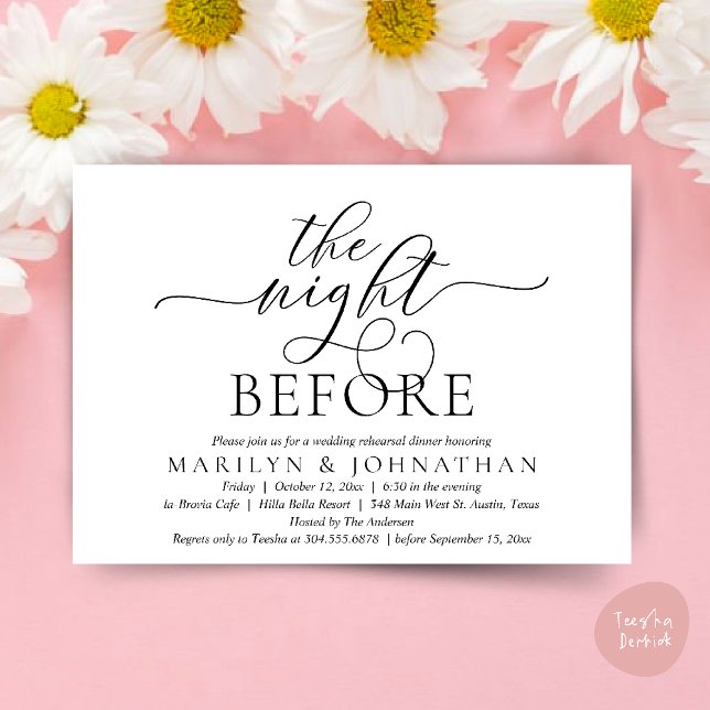 Convites Na Noite Anterior, Janto de Ensaio de Casamento Cl (The Night Before, Classy Romantic Wedding Rehearsal Dinner Party Invitation Card PDF in Black White)