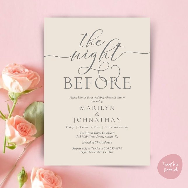 Convites Na Noite Anterior, Janto de Ensaio de Casamento Cl (The Night Before, Classy Romantic Wedding Rehearsal Dinner Party Invitation Card PDF in Cream Grey)