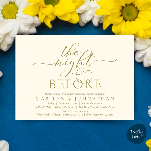 Convites Na Noite Anterior, Janto de Ensaio de Casamento Cl (The Night Before, Classy Romantic Wedding Rehearsal Dinner Party Invitation Card PDF in Yellow Gold)