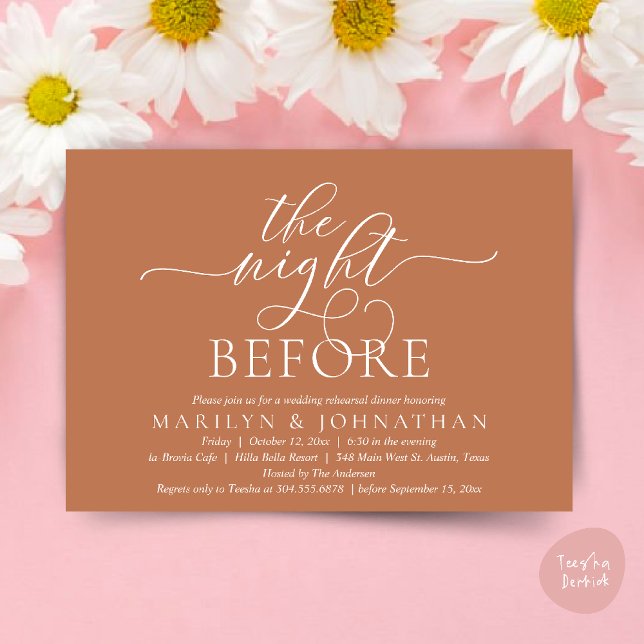 Convites Na Noite Anterior, Janto de Ensaio de Casamento Cl (The Night Before, Classy Romantic Wedding Rehearsal Dinner Party Invitation Card PDF in Copper Brown)