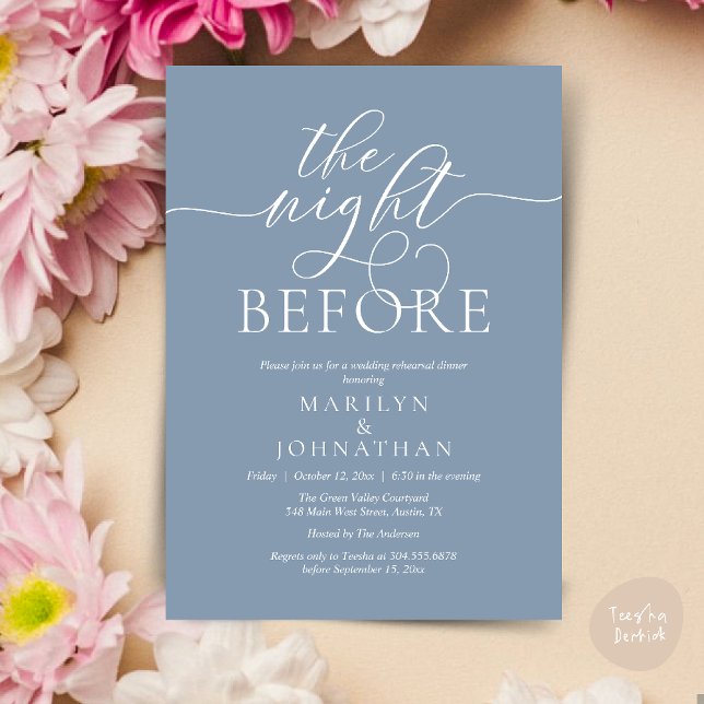 Convites Na Noite Anterior, Janto de Ensaio de Casamento Cl (The Night Before, Classy Romantic Wedding Rehearsal Dinner Party Invitation Card PDF in Dusty Blue)