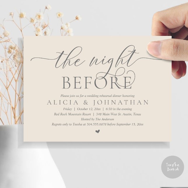 Convites Na Noite Anterior, Janto de Ensaio de Casamento Cl (The Night Before, Wedding Rehearsal Dinner Invitation Card, PDF, Cream Grey)