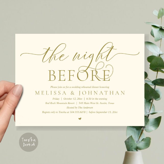 Convites Na Noite Anterior, Janto de Ensaio de Casamento Cl (The Night Before, Modern Wedding Rehearsal Dinner Romance Invitation Card, PDF, Yellow Gold)