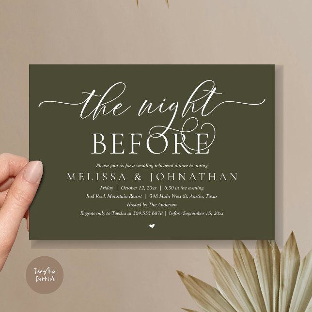 Convites Na Noite Anterior, Janto de Ensaio de Casamento Cl (The Night Before, Modern Wedding Rehearsal Dinner Romance Invitation Card, PDF, Olive Green)