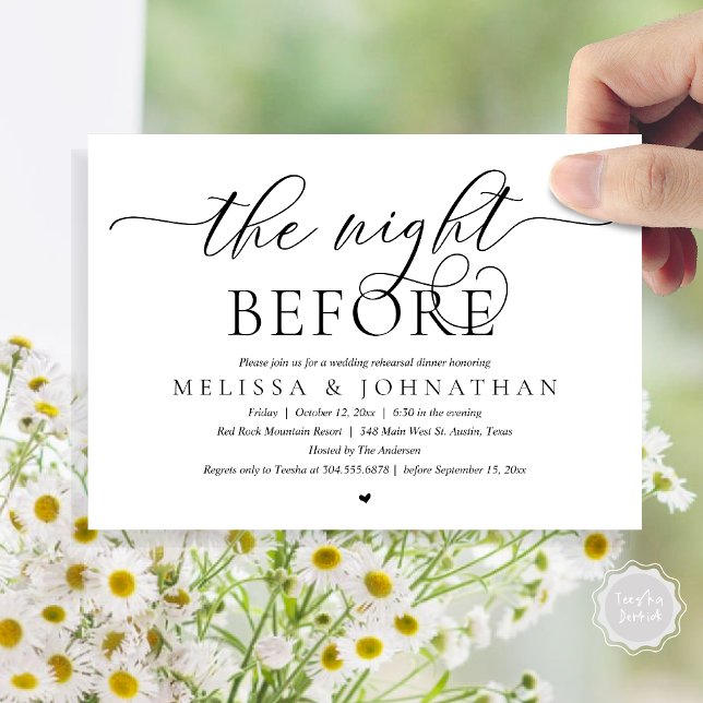 Convites Na Noite Anterior, Janto de Ensaio de Casamento Cl (The Night Before, Modern Wedding Rehearsal Dinner Romance Invitation Card, PDF, Black White)