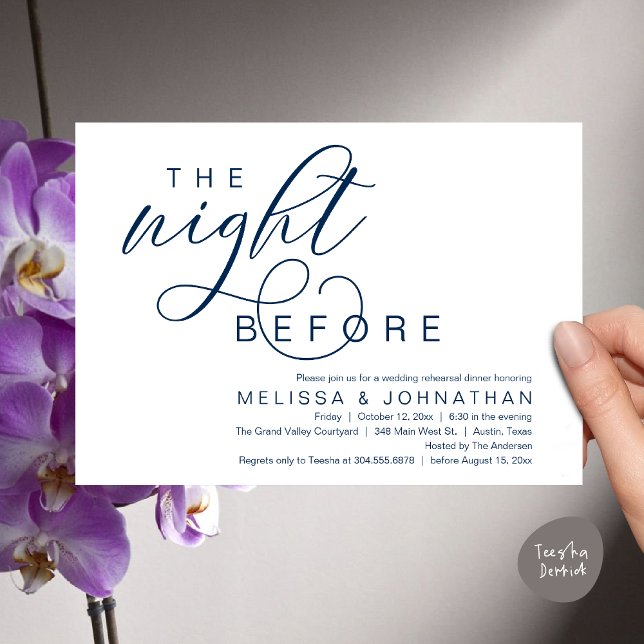 Convites Na Noite Anterior, Janto de Ensaio de Casamento Cl (The Night Before, Classy Romantic Wedding Rehearsal Dinner Invitation Card PDF Modern Navy Blue)