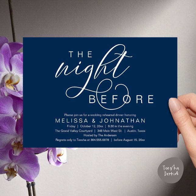 Convites Na Noite Anterior, Janto de Ensaio de Casamento Cl (The Night Before, Classy Romantic Wedding Rehearsal Dinner Invitation Card PDF Modern Navy Blue)