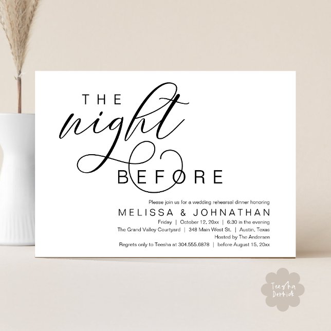 Convites Na Noite Anterior, Janto de Ensaio de Casamento Cl (The Night Before, Classy Romantic Wedding Rehearsal Dinner Invitation Card PDF Modern White Black)
