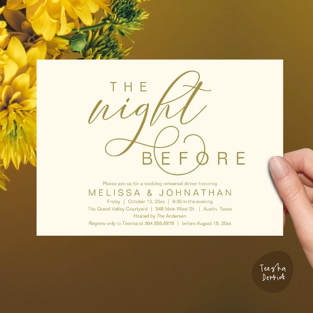 Convites Na Noite Anterior, Janto de Ensaio de Casamento Cl (The Night Before, Classy Romantic Wedding Rehearsal Dinner Invitation Card PDF Modern Yellow Gold)
