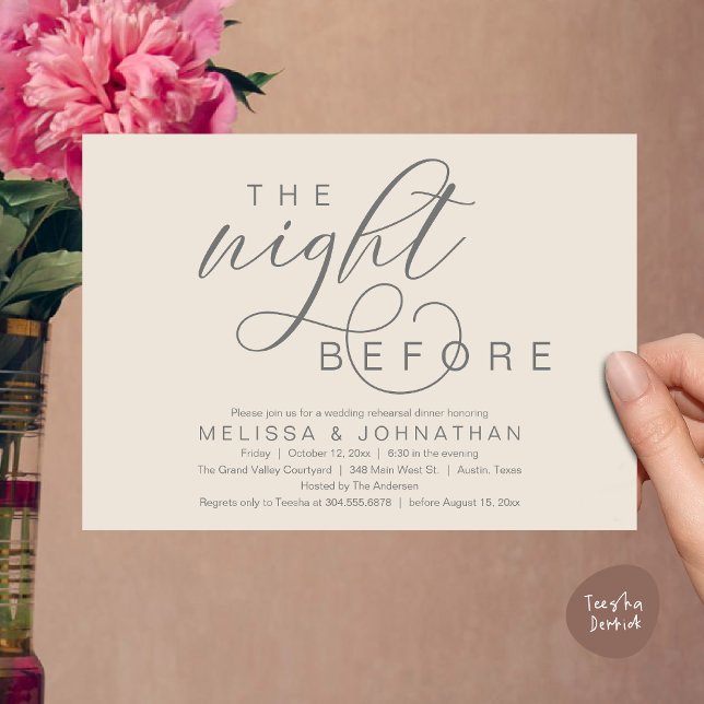 Convites Na Noite Anterior, Janto de Ensaio de Casamento Cl (The Night Before, Classy Romantic Wedding Rehearsal Dinner Invitation Card PDF Modern Cream Grey)