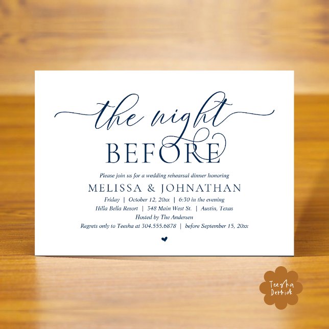 Convites Na Noite Anterior, Janto de Ensaio de Casamento Cl (The Night Before, Classy Wedding Rehearsal Dinner Invitation Card PDF Romantic Navy Blue)