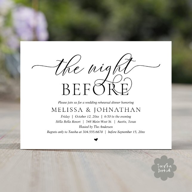 Convites Na Noite Anterior, Janto de Ensaio de Casamento Cl (The Night Before, Classy Wedding Rehearsal Dinner Invitation Card PDF Romantic White Black)