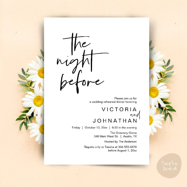 Convites Na Noite Anterior, Janto do Partido de Ensaio de C (The Night Before, Wedding Rehearsal Dinner Party Invites Card PDF Romantic Modern Casual Black White)