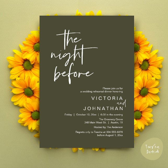 Convites Na Noite Anterior, Janto do Partido de Ensaio de C (The Night Before, Wedding Rehearsal Dinner Party Invites Card PDF Romantic Modern Casual Olive Green)