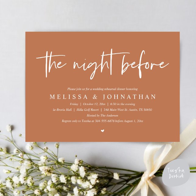 Convites Na Noite Anterior, Janto Moderno de Ensaio De Casa (The Night Before Wedding Rehearsal Dinner Invitation Card, PDF, Modern Minimalist Terracotta Brown)