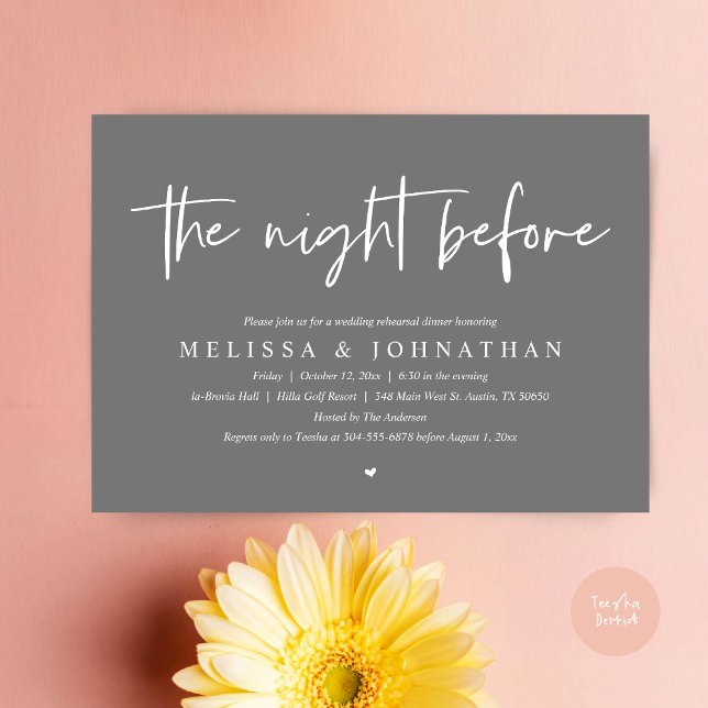 Convites Na Noite Anterior, Janto Moderno de Ensaio De Casa (The Night Before Wedding Rehearsal Dinner Invitation Card, PDF, Modern Minimalist Dark Grey)