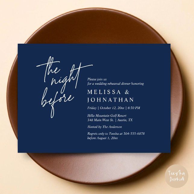 Convites Na Noite Anterior, Janto Moderno de Ensaio De Casa (The Night Before, Modern Wedding Rehearsal Dinner Modern Invitation Card, PDF, in Navy Blue)