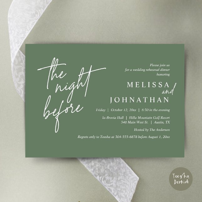 Convites Na Noite Anterior, Janto Moderno de Ensaio De Casa (The Night Before, Modern Wedding Rehearsal Dinner Modern Invitation Card, PDF, in Forest Sage Green)