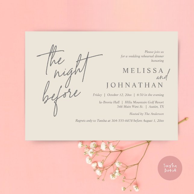 Convites Na Noite Anterior, Janto Moderno de Ensaio De Casa (The Night Before, Modern Wedding Rehearsal Dinner Modern Invitation Card, PDF, in Cream Dark Grey)
