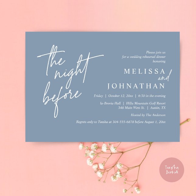 Convites Na Noite Anterior, Janto Moderno de Ensaio De Casa (The Night Before, Modern Wedding Rehearsal Dinner Modern Invitation Card, PDF, in Dusty Blue)