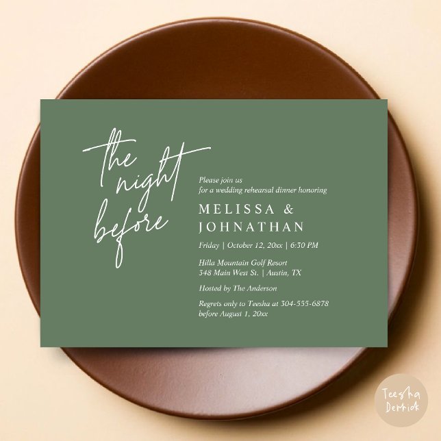 Convites Na Noite Anterior, Janto Moderno de Ensaio De Casa (The Night Before, Modern Wedding Rehearsal Dinner Modern Invitation Card, PDF, in Forest Sage Green)