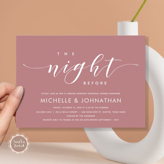 Convites Na Noite Anterior, Janto Moderno de Ensaio De Casa (The Night Before, Modern Wedding Rehearsal Dinner Invitation Card, in Dusty Rose Retro Boho Pink.)