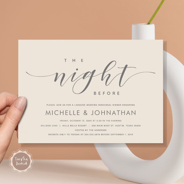 Convites Na Noite Anterior, Janto Moderno de Ensaio De Casa (The Night Before, Modern Wedding Rehearsal Dinner Invitation Card, Printed and File, in Grey Cream.)