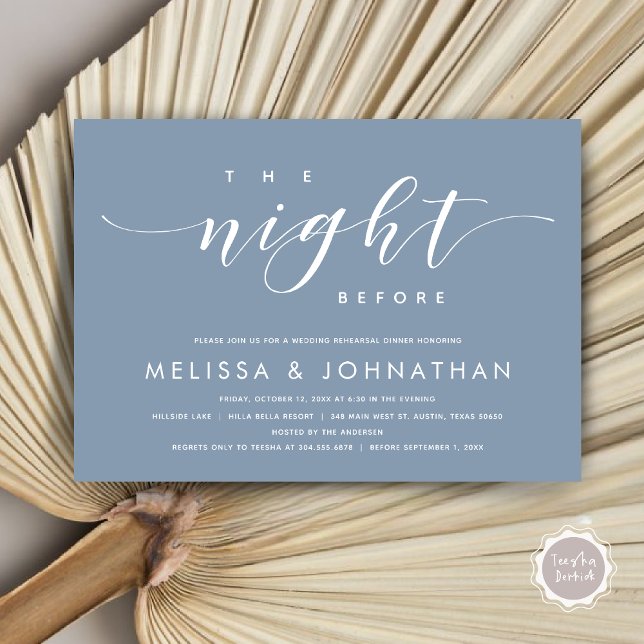 Convites Na Noite Anterior, Janto Moderno de Ensaio De Casa (The Night Before, Modern Wedding Rehearsal Dinner Invitation Card, PDF, in Dusty Blue)