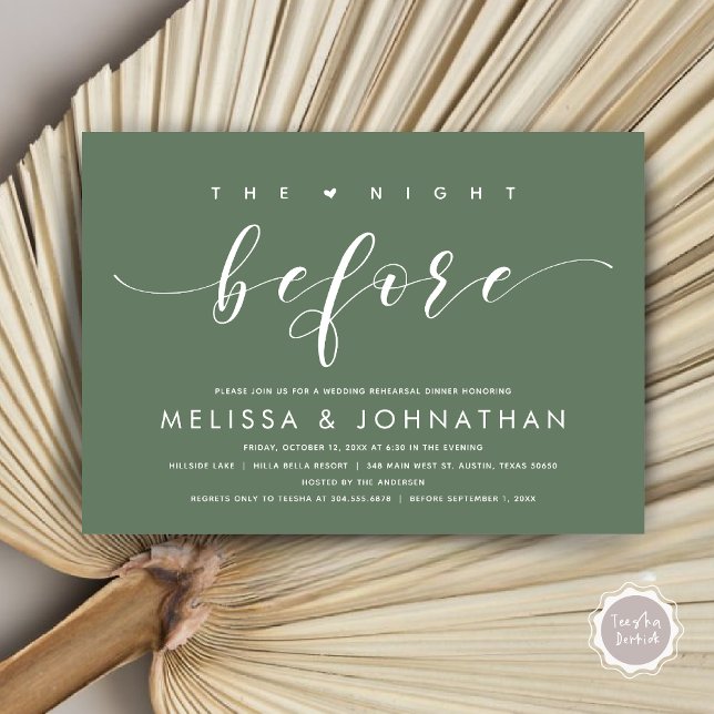 Convites Na Noite Anterior, Janto Moderno de Ensaio De Casa (The Night Before, Modern Wedding Rehearsal Dinner Invitation Card, PDF, in Forest Sage Green)