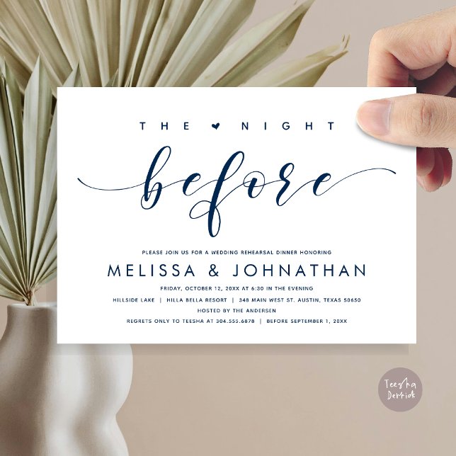 Convites Na Noite Anterior, Janto Moderno de Ensaio De Casa (The Night Before, Modern Wedding Rehearsal Dinner Invitation Card, PDF, in Classy Navy Blue)