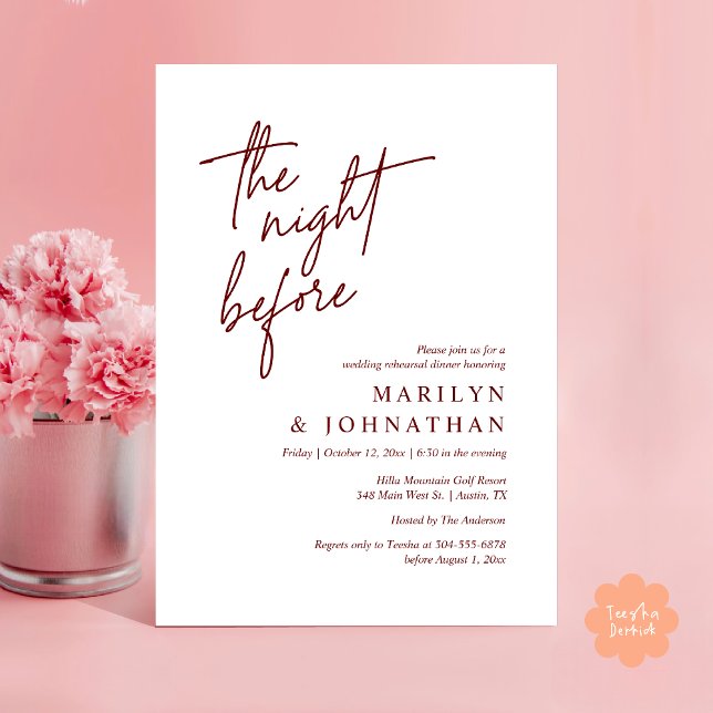 Convites Na Noite Anterior, Janto Moderno de Ensaio De Casa (The Night Before, Modern Wedding Rehearsal Dinner Invitation Card PDF in Burgundy Wine Red)