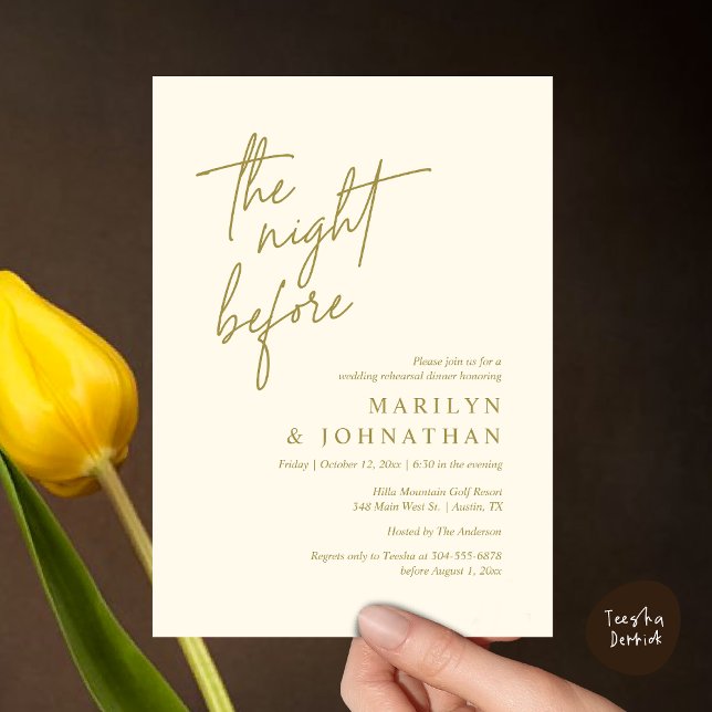 Convites Na Noite Anterior, Janto Moderno de Ensaio De Casa (The Night Before, Modern Wedding Rehearsal Dinner Invitation Card PDF in Classy Yellow Gold)