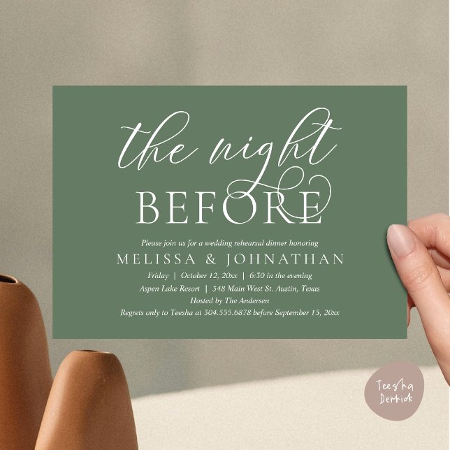 Convites Na Noite Anterior, Janto Moderno de Ensaio De Casa (The Night Before, Modern Wedding Rehearsal Dinner Invitation Card, PDF, Classy Elegant Greenery sage)