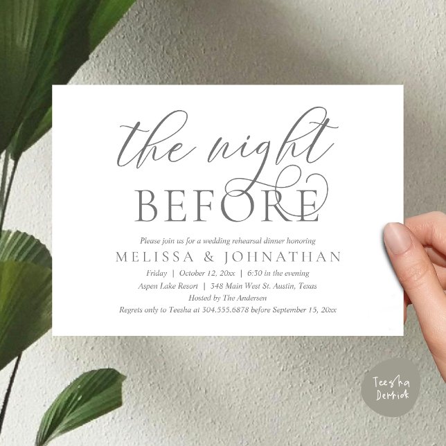 Convites Na Noite Anterior, Janto Moderno de Ensaio De Casa (The Night Before, Modern Wedding Rehearsal Dinner Invitation Card, PDF, Classy Elegant, Dark Grey)