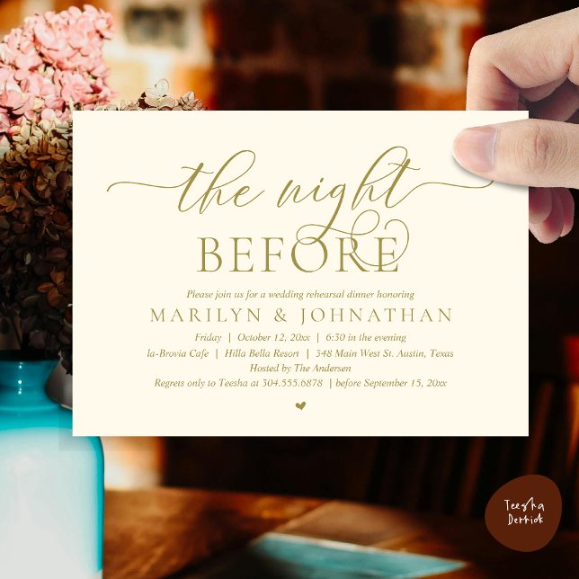 Convites Na Noite Anterior, Janto Perfeito De Ensaio De Cas (The Night Before, Perfect Wedding Rehearsal Dinner Modern Classy Invitation Card, PDF, Yellow Gold)