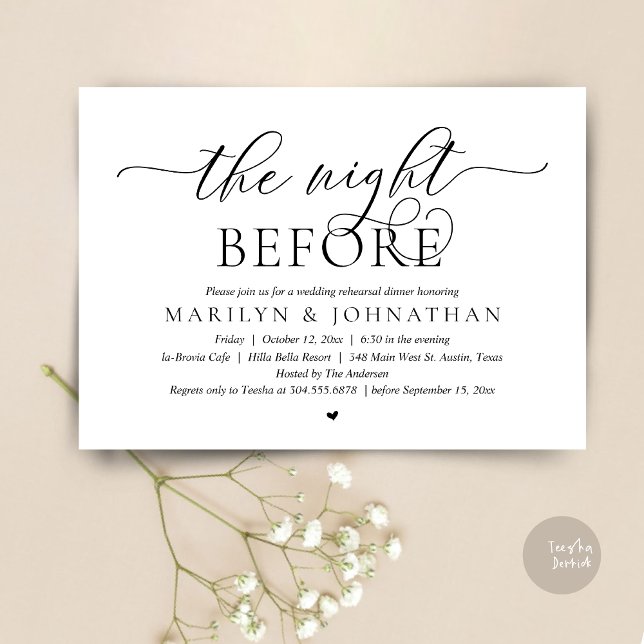 Convites Na Noite Anterior, Janto Perfeito De Ensaio De Cas (The Night Before, Perfect Wedding Rehearsal Dinner Modern Classy Invitation Card, PDF, Black White)