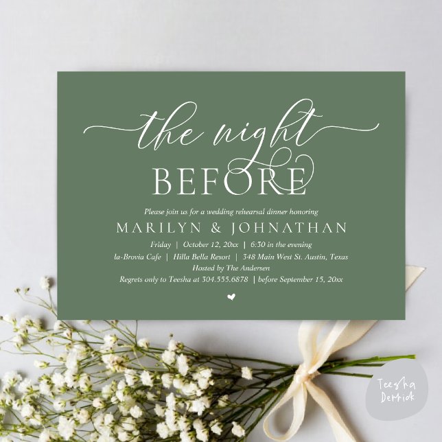 Convites Na Noite Anterior, Janto Perfeito De Ensaio De Cas (The Night Before, Perfect Wedding Rehearsal Dinner Modern Classy Invitation Card, PDF, Sage Green)
