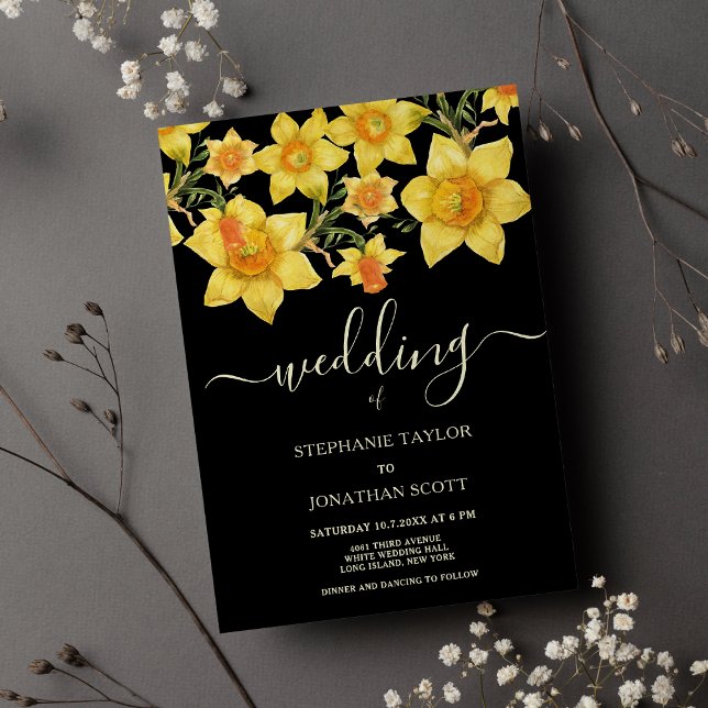 Convites Nabo floral amarelo-negro (Black yellow orange daffodils floral wedding)