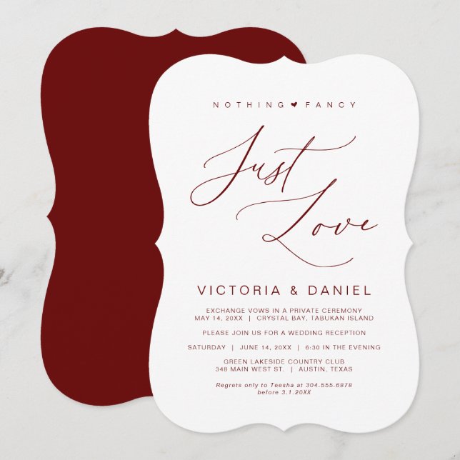 Convites Nada de Elegante Apenas Amor, Borgonha, Casamento  (Frente/Verso)
