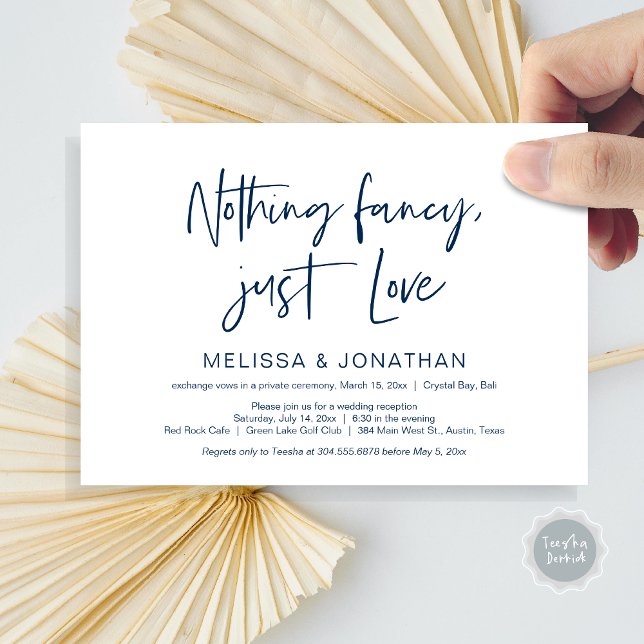 Convites Nada de fantasia, apenas amor, festa de casamento  (Nothing Fancy Just Love, Wedding Elopement Dinner Party Invitation Card, PDF, Modern, Navy Blue)