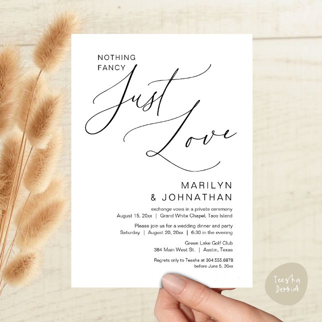 Convites Nada de Fantasia, Apenas Amor, Jantar de Casamento (Nothing Fancy, Just Love, Wedding Elopement Dinner Brunch Lunch Party Invites Card PDF, Black White)