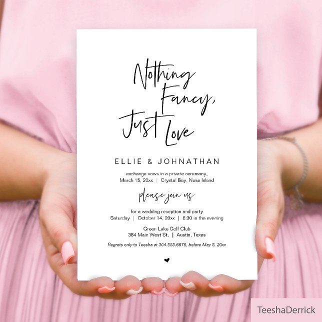 Convites Nada de Fantasia, Apenas Amor, Preto, Casamento In (Nothing Fancy, Just Love Wedding Elopement Invitation Card in Modern Casual Minimalist themed)