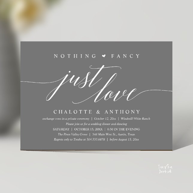 Convites Nada de Fantasia, Apenas Amor, Recepção Moderna e  (Modern Classy Nothing Fancy, Just Love, Wedding Reception Dinner Invitation Card in Dark Grey)