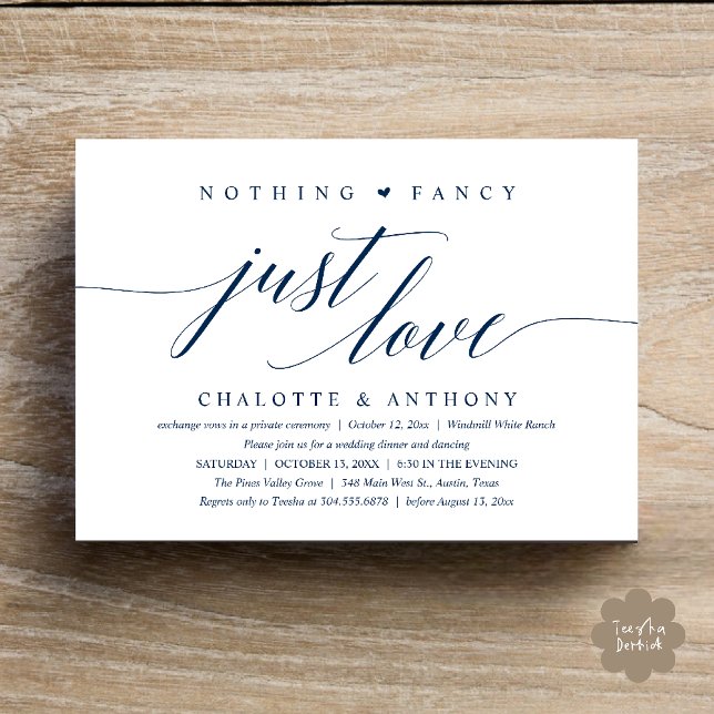 Convites Nada de Fantasia, Apenas Amor, Recepção Moderna e  (Modern Classy Nothing Fancy, Just Love, Wedding Reception Dinner Invitation Card in Navy Blue)