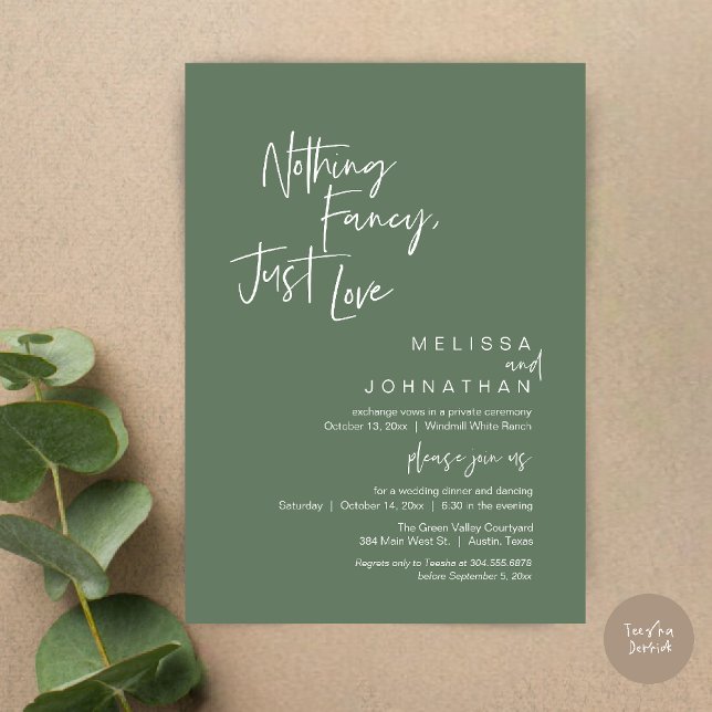 Convites Nada de Fantasia Só Amor, Jantar de Casamento Mode (Nothing Fancy Just Love, Modern Wedding Reception Dinner Lunch Brunch Invites Card in Sage Green)