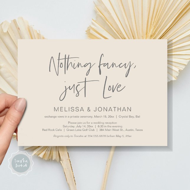 Convites Nada De Fncy Só Amor, Festa De Elopemento De Casam (Nothing Fancy Just Love, Wedding Elopement Dinner Party Invitation Card, PDF,, Dark Grey Cream)