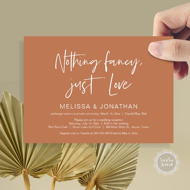 Convites Nada De Fncy Só Amor, Festa De Elopemento De Casam (Nothing Fancy Just Love, Wedding Elopement Dinner Party Invitation Card, PDF, Earthy, Copper, Rust)